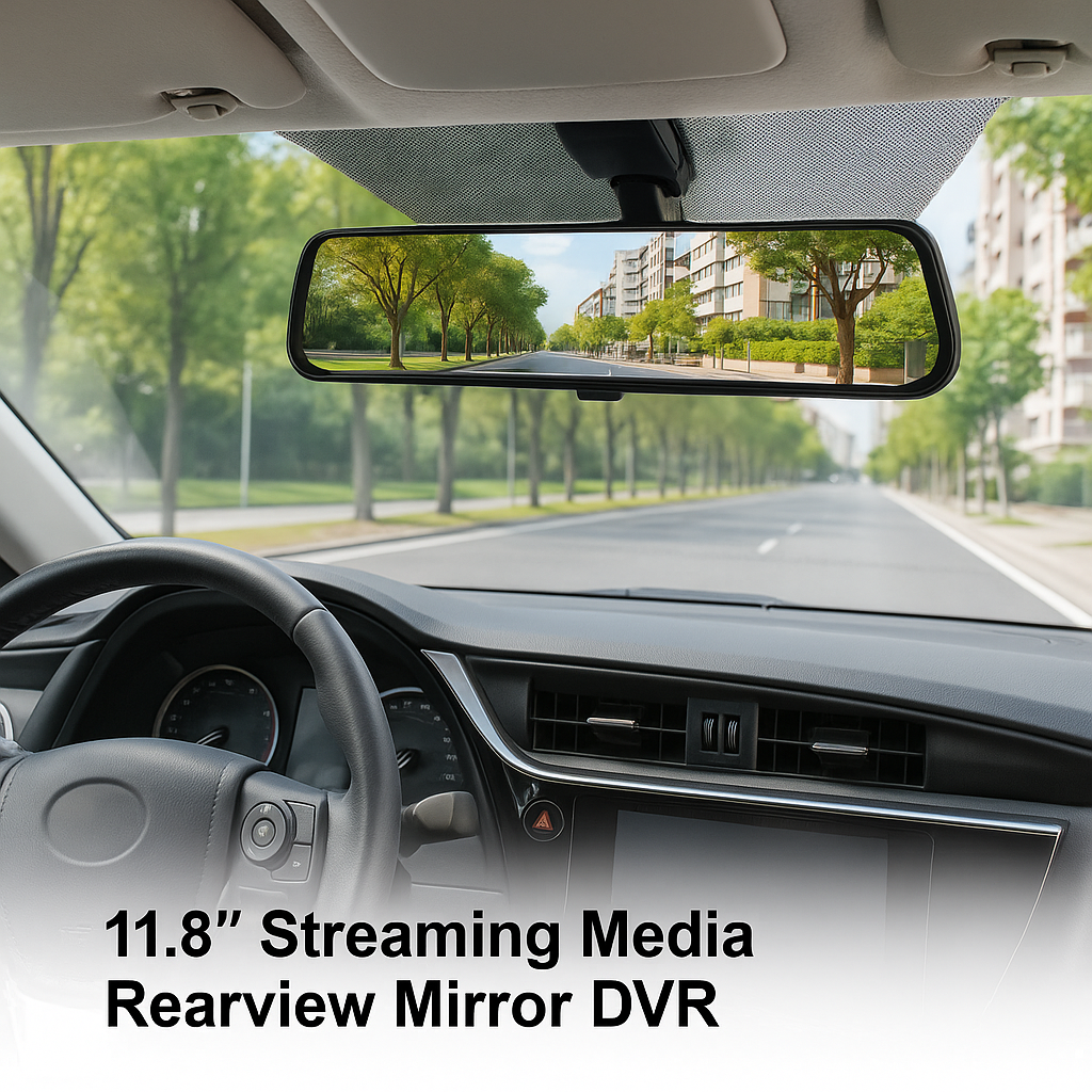 SF-1188 rearview mirror DVR installed inside a car with live road display