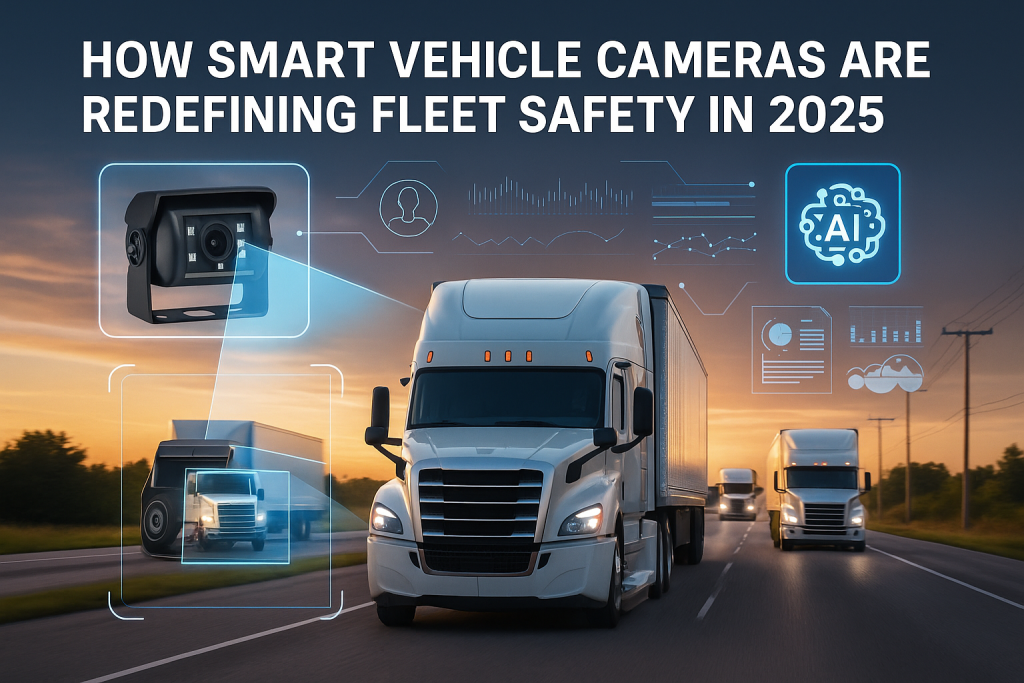 AI-powered fleet safety system with trucks and forklifts equipped with smart vehicle cameras and data overlays in 2025