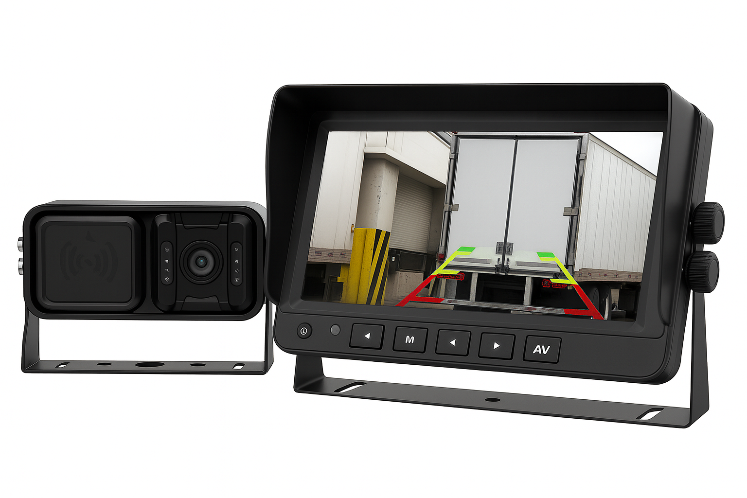 7 inch radar camera reversing system showing truck and parking guidelines on monitor