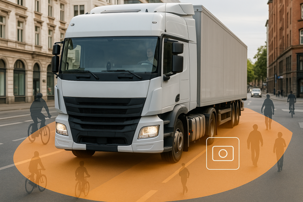 Front camera MOIS system detecting pedestrians and cyclists in front of a truck